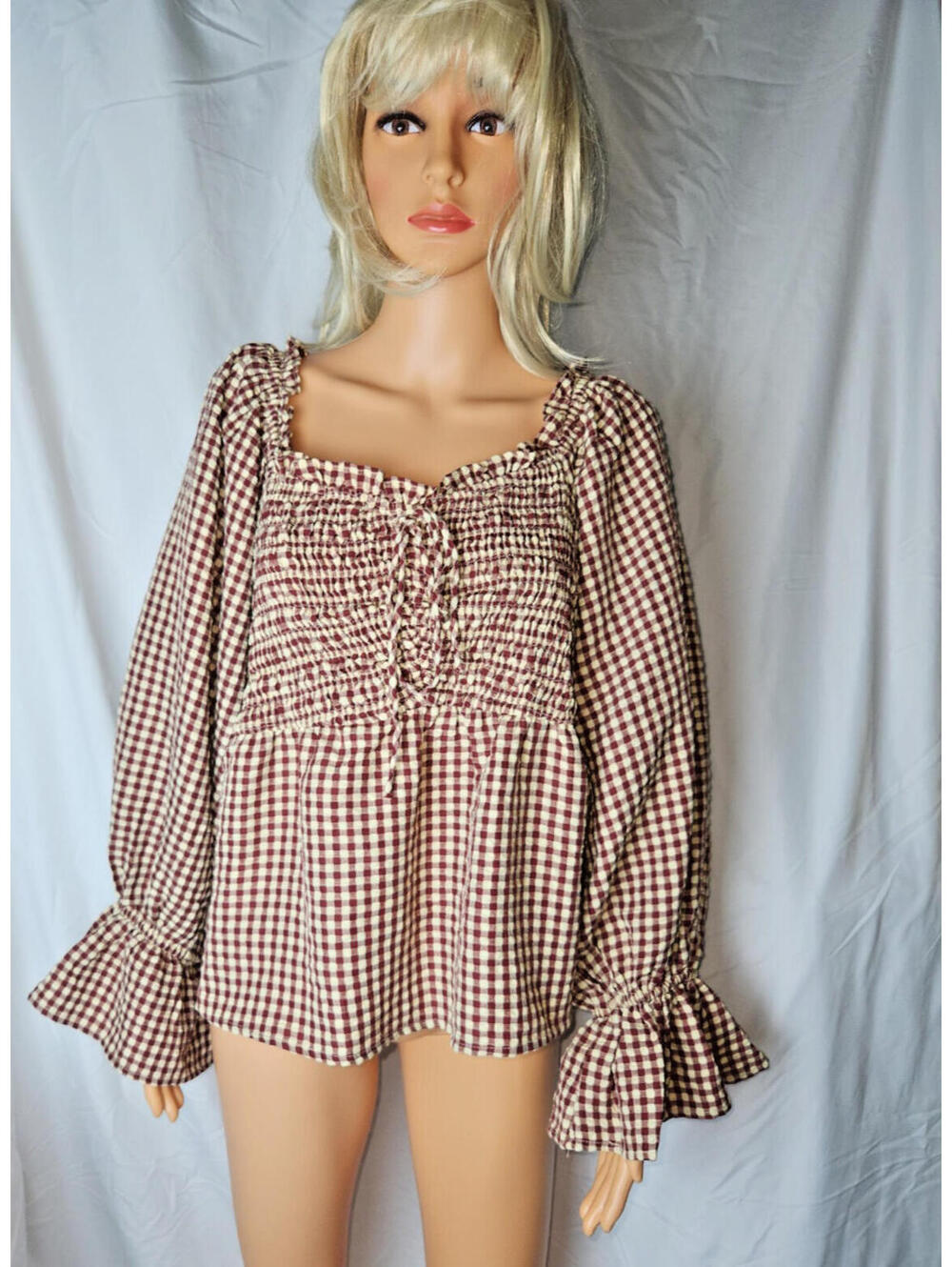 Women's Gingham & Perfectly Pricilla, Hippie Boho Tube Top, Long Puffy Sleeves.